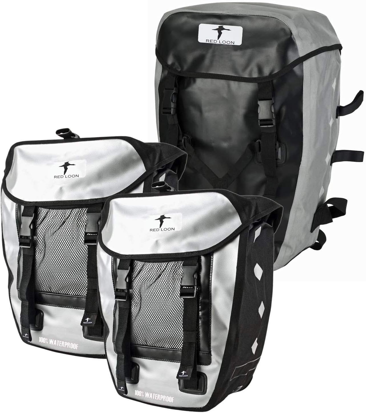 Red Loon Bicycle Pannier Rack Bag Pro Triple Silver/Black – Bicycle Pannier Rack – Bicycle Double Bag + Bicycle Backpack – Can be Connected to Each Other – Waterproof