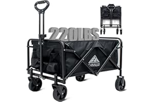 CHINNLUU Foldable Wagon with 220lbs Large Capacity, Lightweight Collapsible Utility Wagon Cart for Outdoor, All-Terrain Silent Universal Wheels, Two Cup Holders