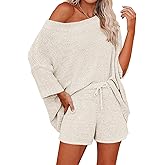 Ermonn Womens 2 Piece Outfits Sweater Sets Off Shoulder Knit Tops Waist Short Suits Casual Pajama Set