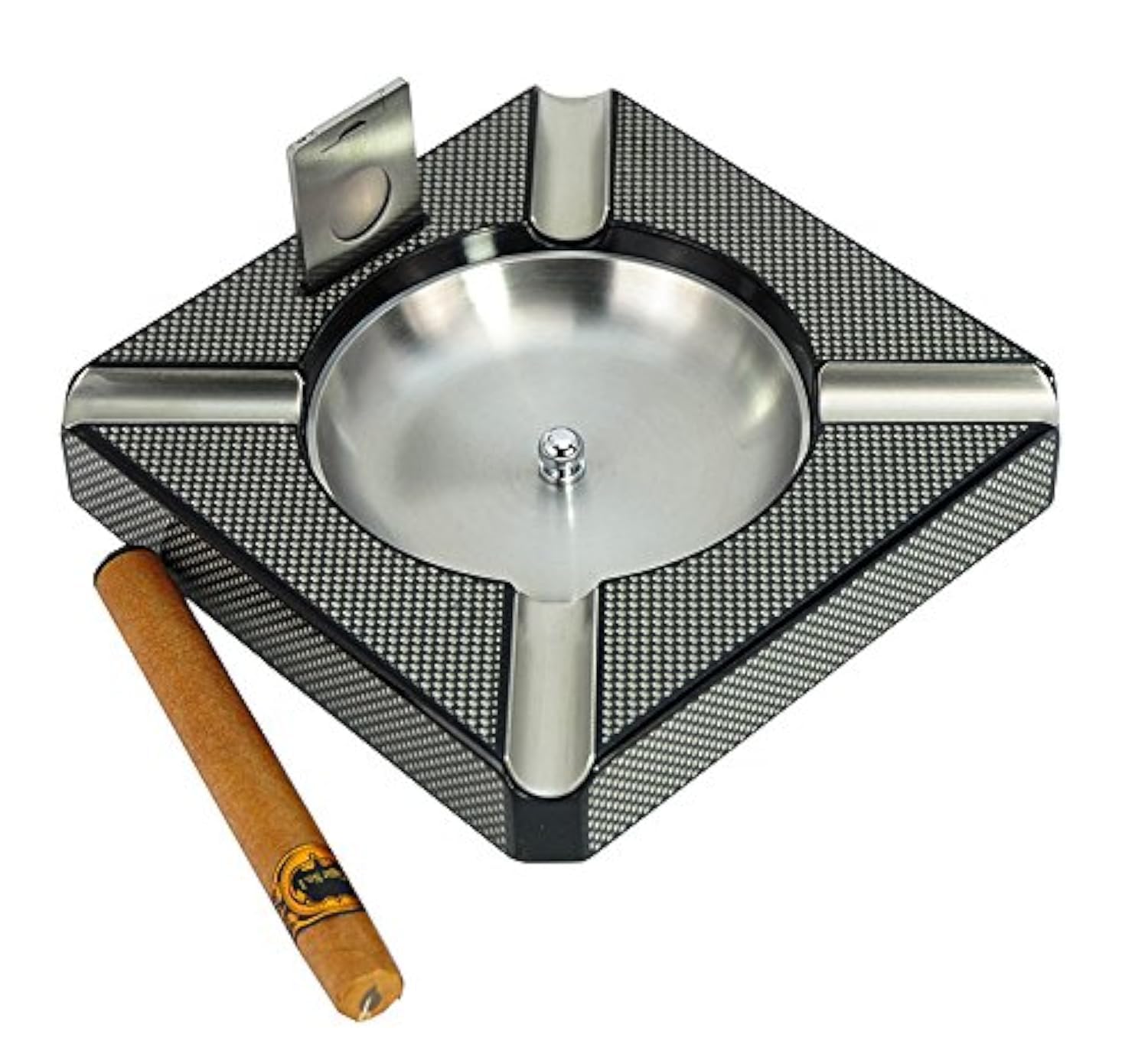 decorebay Carbon Fiber Patterned Wooden Cigar Ashtray with 4-Cigar Rests Best Man Gift (Grey)