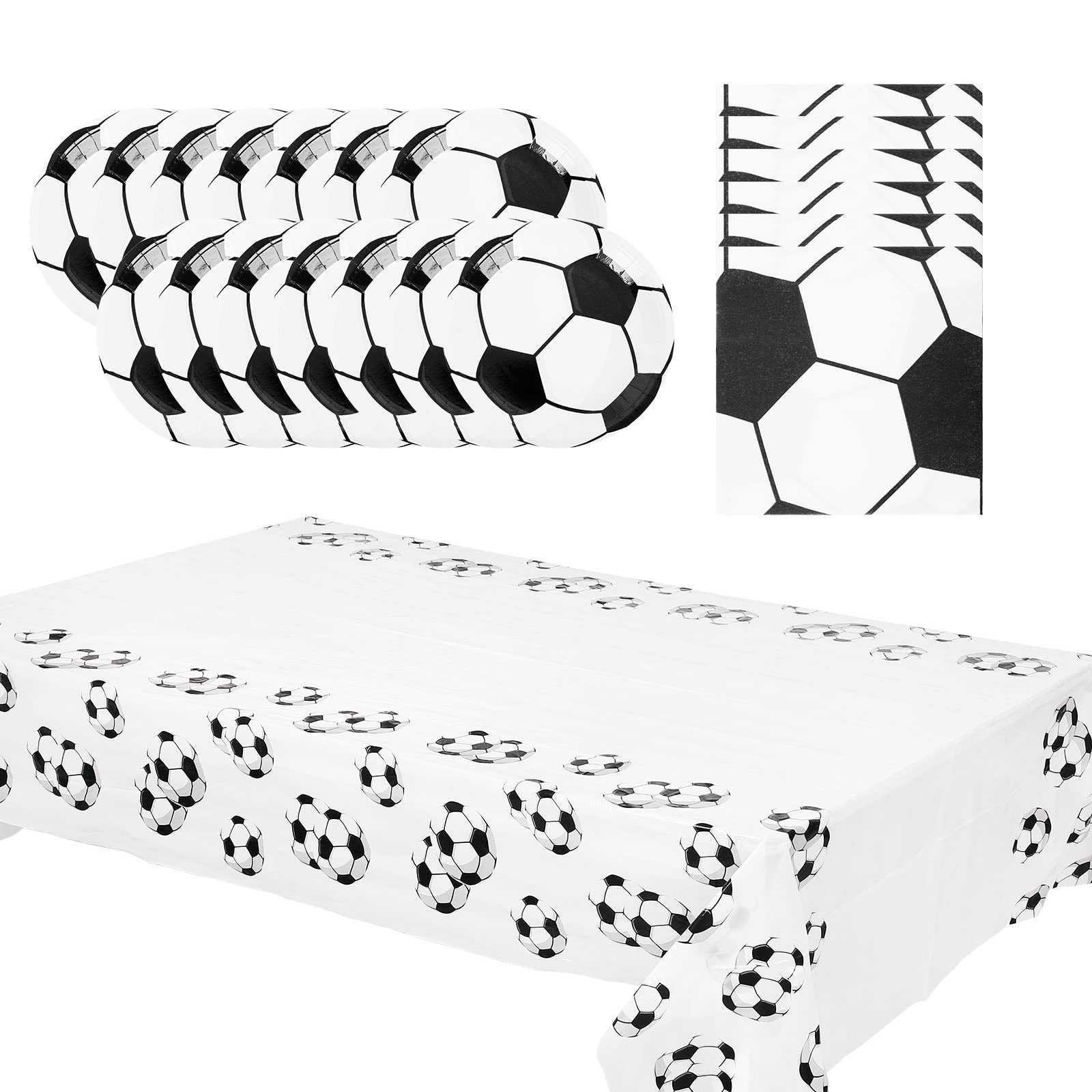 GOAL 33Pcs Soccer Party Decorations - Disposable Plates, Napkins & Table Cloth - World Cup Design - White - Perfect for Kids' Football Holiday Parties