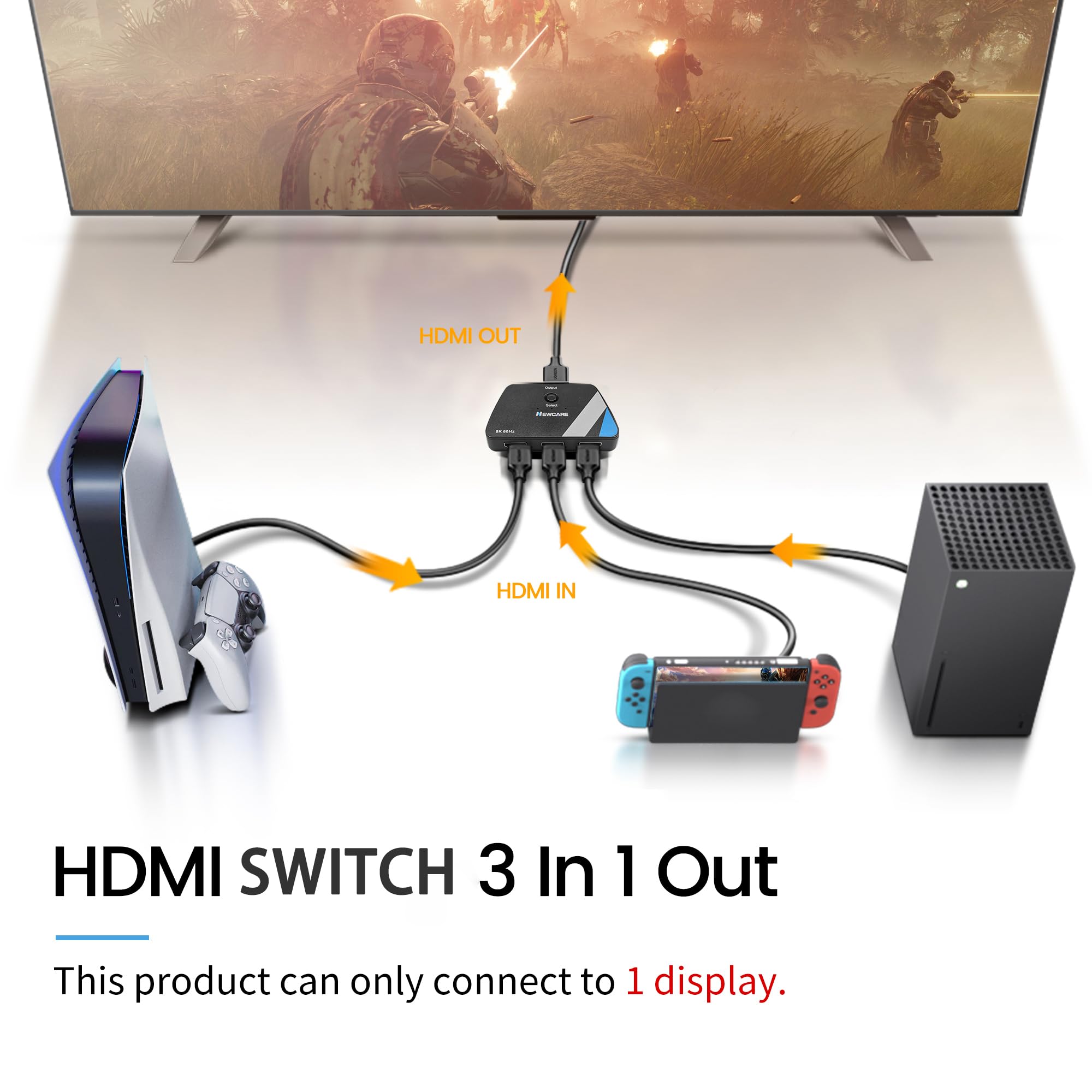 [Upgrade] HDMI Switch 3 in 1 Out, 4K@60Hz HDMI 2.0 Switch Splitter with 2.6FT Long HDMI Cable, 3-Port HDMI Switcher Selector, Supports 4K 30Hz 3D 1080P HDCP2.2 for PS5 Xbox DVD Player Fire Stick PC