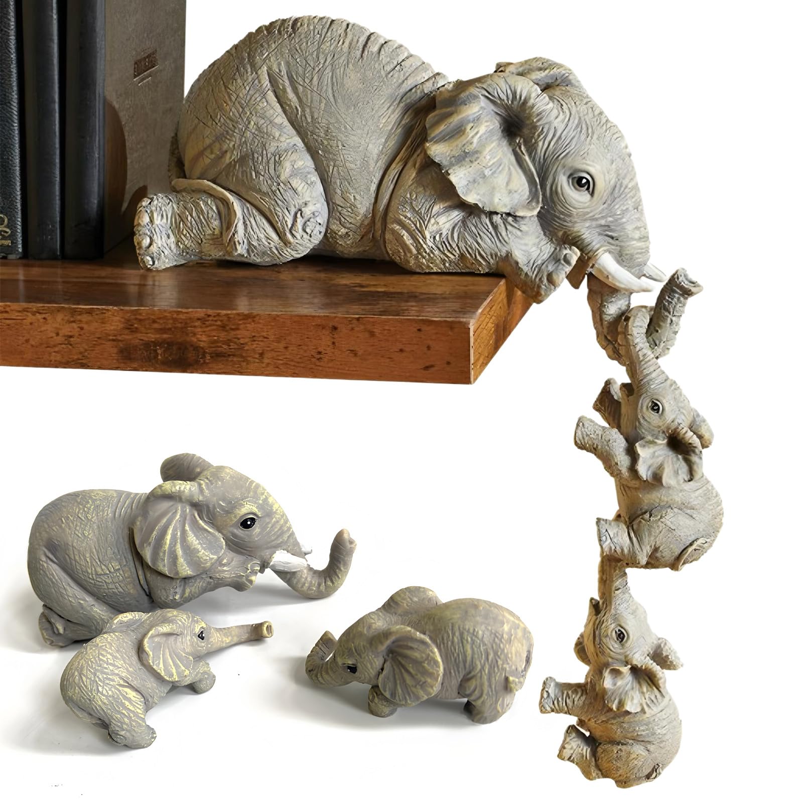 Elephant Sitter Figurines, Elephant Animal Figurines Collection,Set of 3 Elephant Mother 2 Babies Hanging Edge,Elephant Resin Craft Decorations, Suitable for Home, Hotel, Office