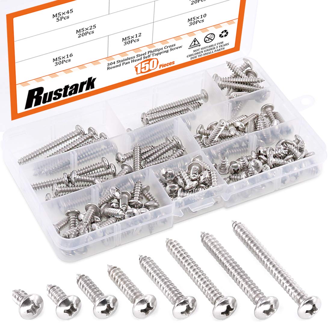 Rustark 150Pcs M5 304 Stainless Steel Round Pan Head Phillips Cross Screws Drive Self-Drilling Screws Assortment Kit