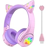 Riwbox CF9 Cat Ear Kids Bluetooth Headphones with LED Light Up,Safe 85dB Volume Limit,Built-in Mic&Boom Mic for Calls,Kids Wireless&Wired Headphones for Tablet/Airplane/School/Online Learning (Purple)
