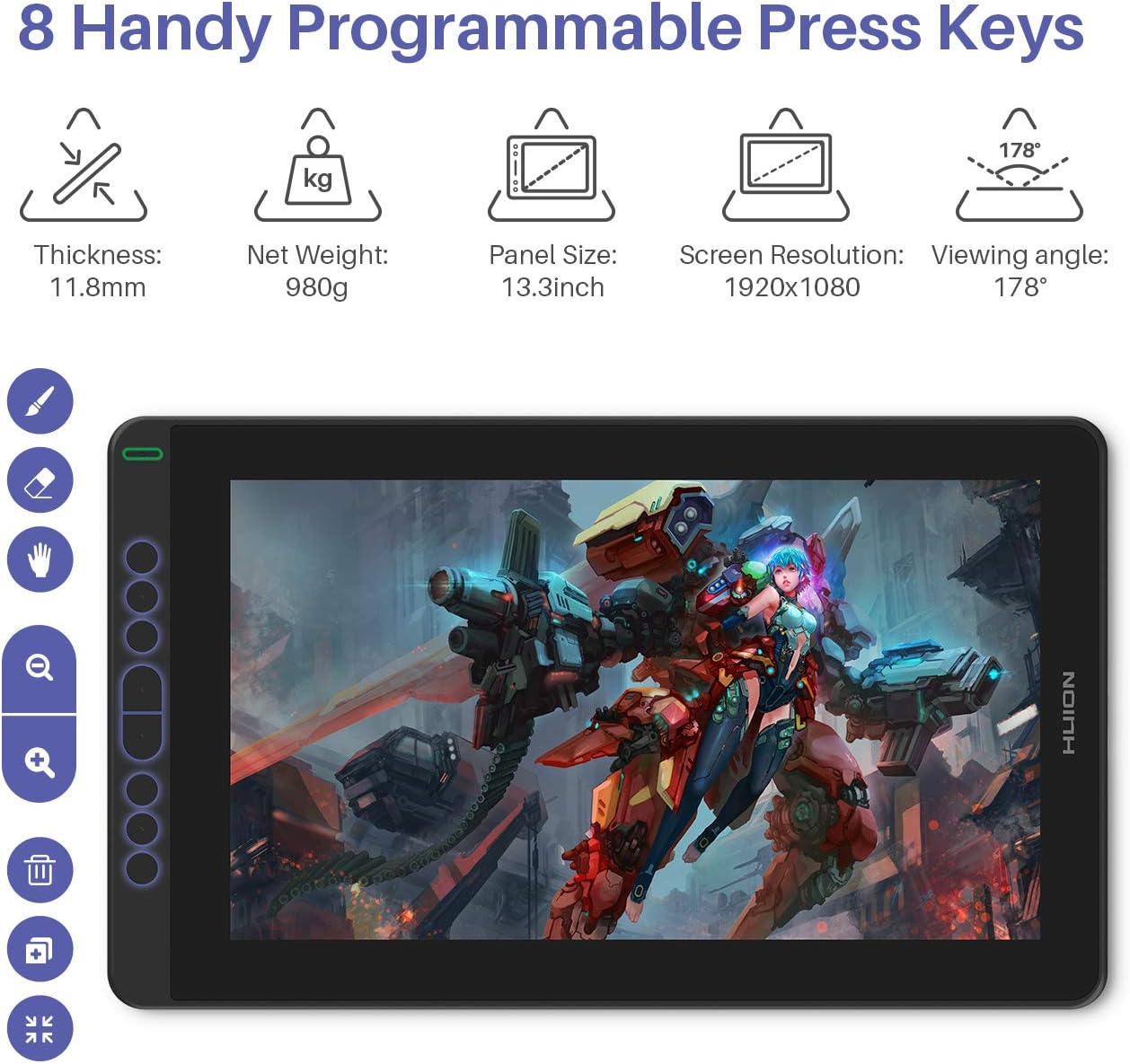 2020 HUION Kamvas 13 Android Support Graphics Drawing Tablet Monitor with Full Laminated Screen Battery-Free Stylus 8192 Pressure Sensitivity Tilt 8 Express Keys Adjustable Stand-13.3inch, Black: Computers & Accessories