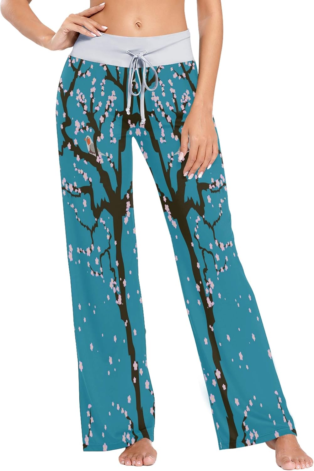 Women's Comfy Casual Pajama Pants Cherry Blossom Drawstring Palazzo