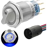 UL Listed 3 Position Rotary Switch 19mm 12V-24V DC/AC, Latching Selection Switch 5Amp 2NO 2NC 8Pin On Off On 3/4" Mounting Hole Blue LED