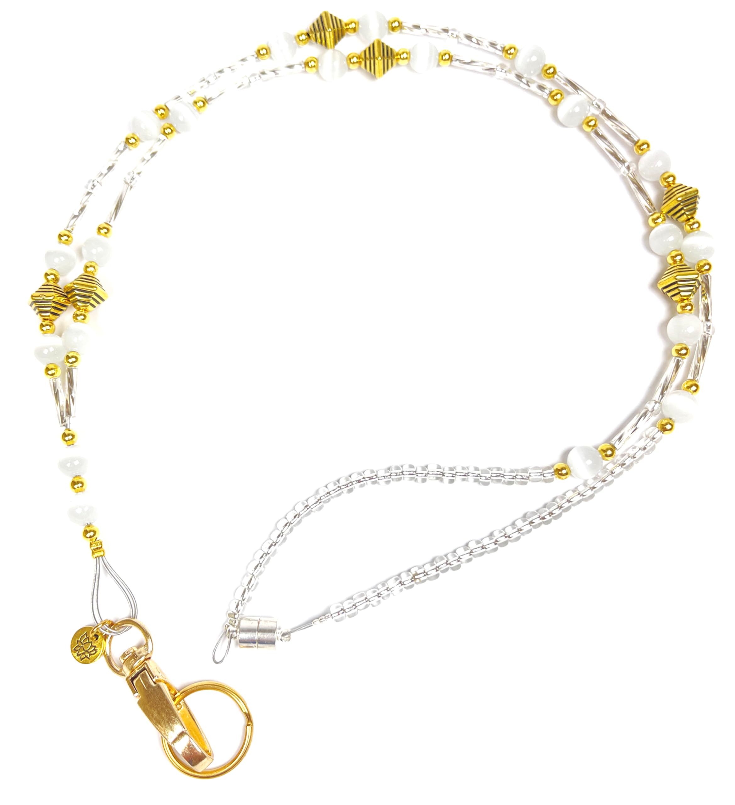 SUPER SLIM Style Fashion Women's Beaded Lanyard 34, Breakaway and Non breakaway available, For Keys, Badge Holder (GOLD Super Slim White - Breakaway ) by Hidden Hollow Beads
