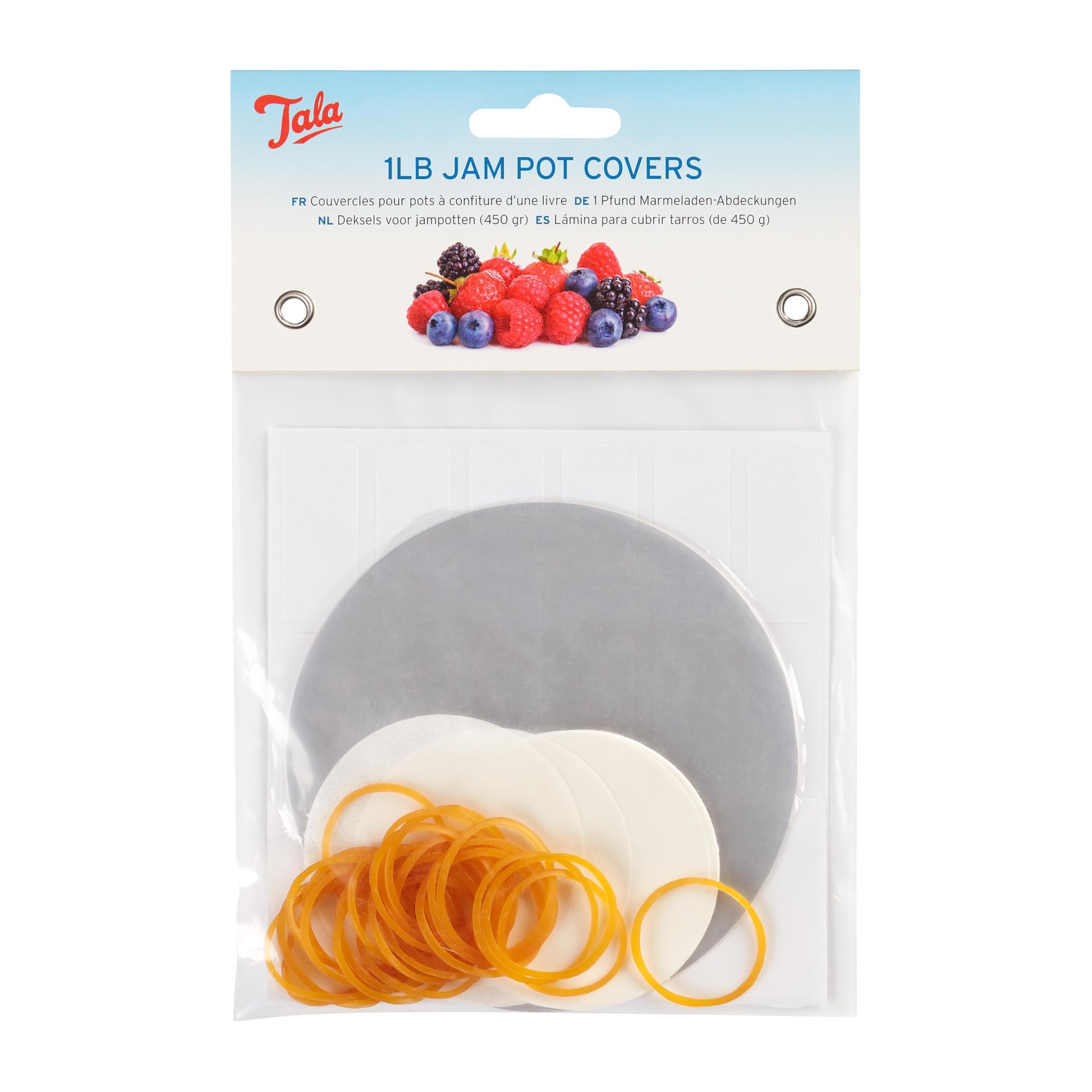 Tala Jam Pot Covers, 1lb Waxed Circles Bands & Labels for Cover Jam Jars, A full pack for sealing Freshly made Jam, Marmalade and Preserves