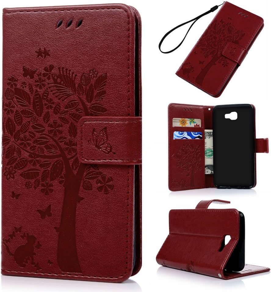 Badalink J5 Prime Case,Galaxy J5 Prime Case - Wallet Case Folio Stand Case 3D Embossed Tree PU Leather Case Shockproof TPU Inner Bumper Card Slots Hand Strap Slim-Fit Protective Cover Red