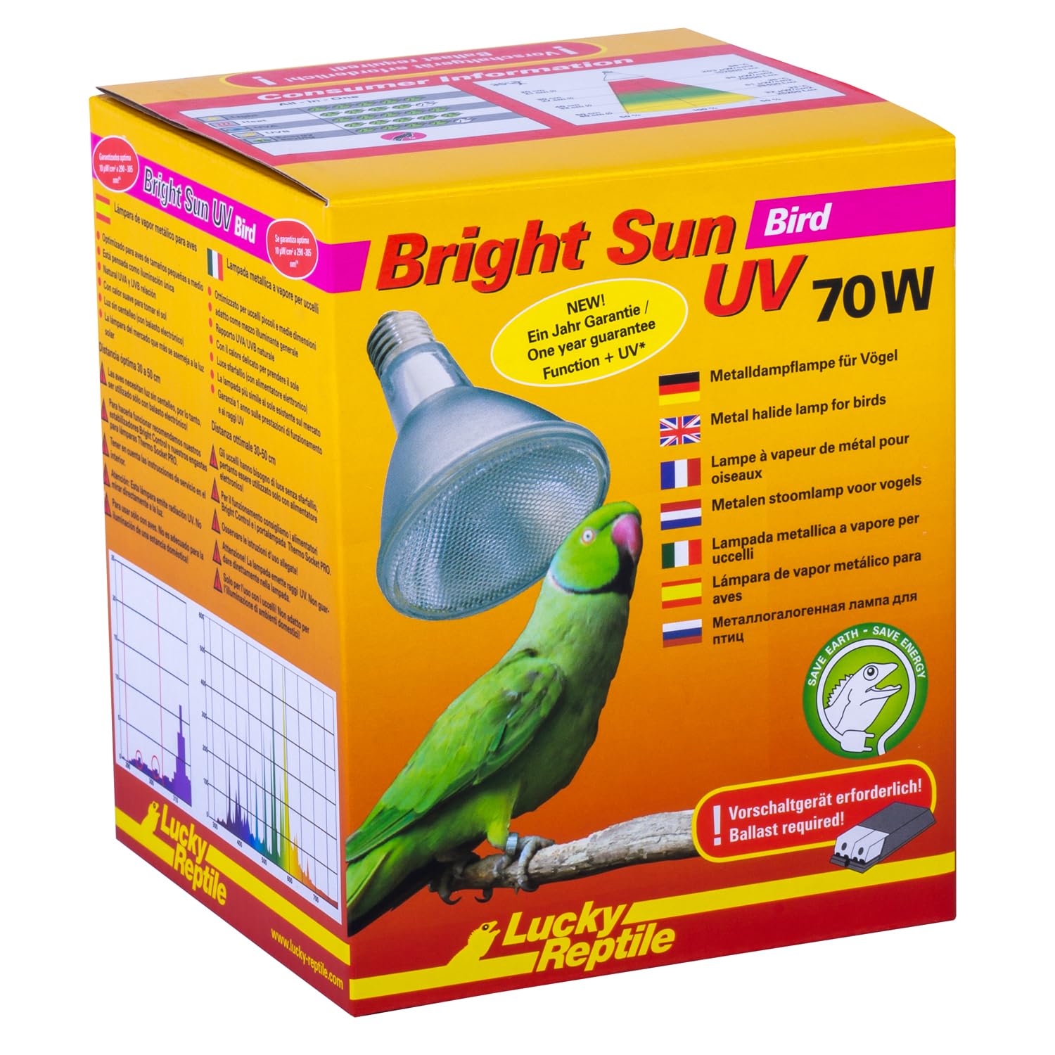 Lucky Reptile Bright Sun UV Bird Metal Halide Lamp for E27 Bases - Daylight Spectrum Lamp for Birds - UVA and UVB Radiator, Multicoloured, 70 W