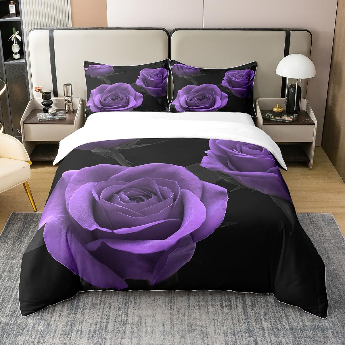 Rose Floral Door 100% Cotton Duvet Cover King SizeRose Floral Flower Bedding Cotton Duvet Cover Set Garden Flower Bedding Set Romantic Valentine's Day Comforter Cover Set Purple Black Bedspread Cover