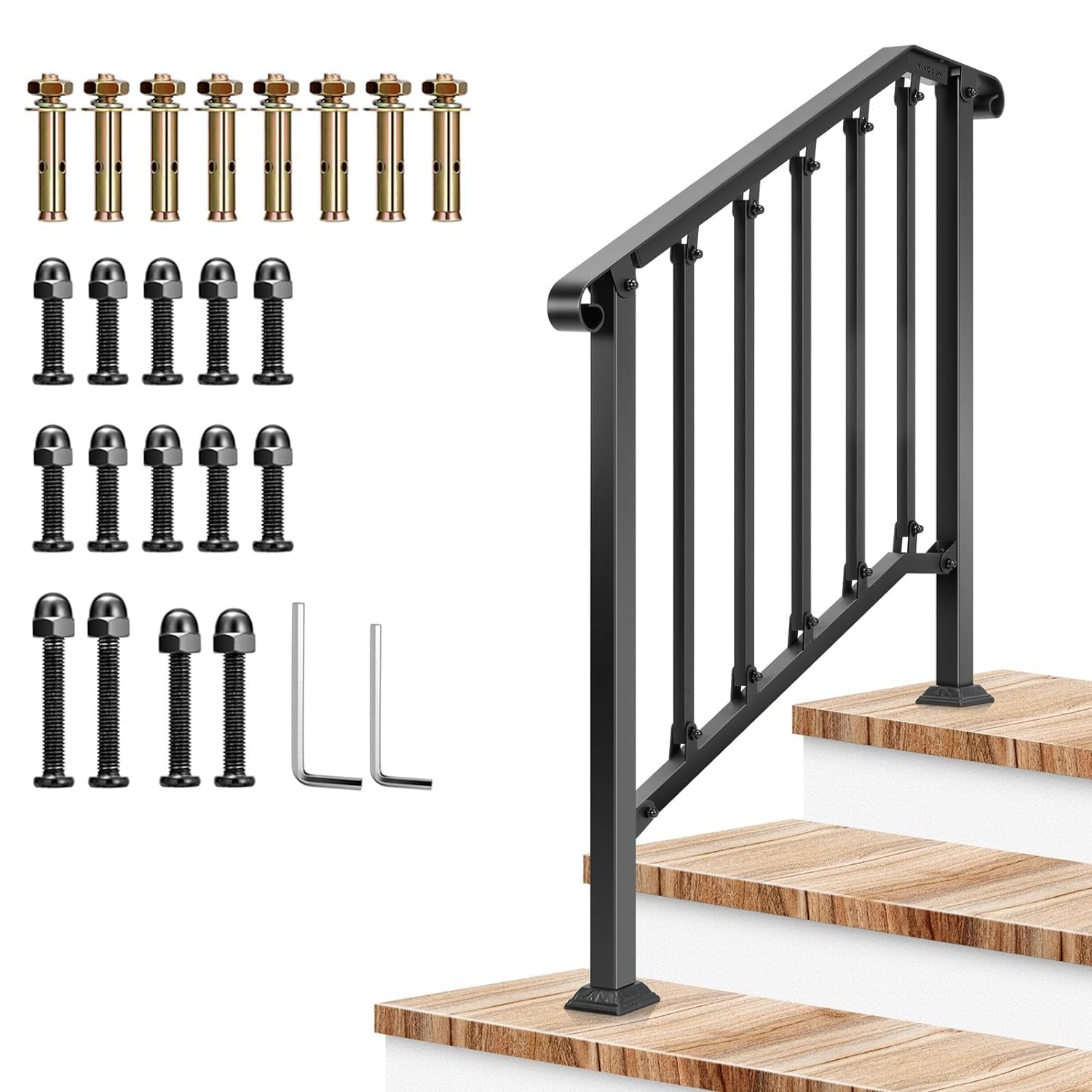 Photo 1 of VIVOSUN Outdoor Handrail, 3 Step Stair Handrail, 40" x 36" Fits 1 to 3 Steps, Wrought Mattle Iron Stair Railing with Curved End and Balusters for Concrete Step, Porch Steps, One-Step Assembly, Black