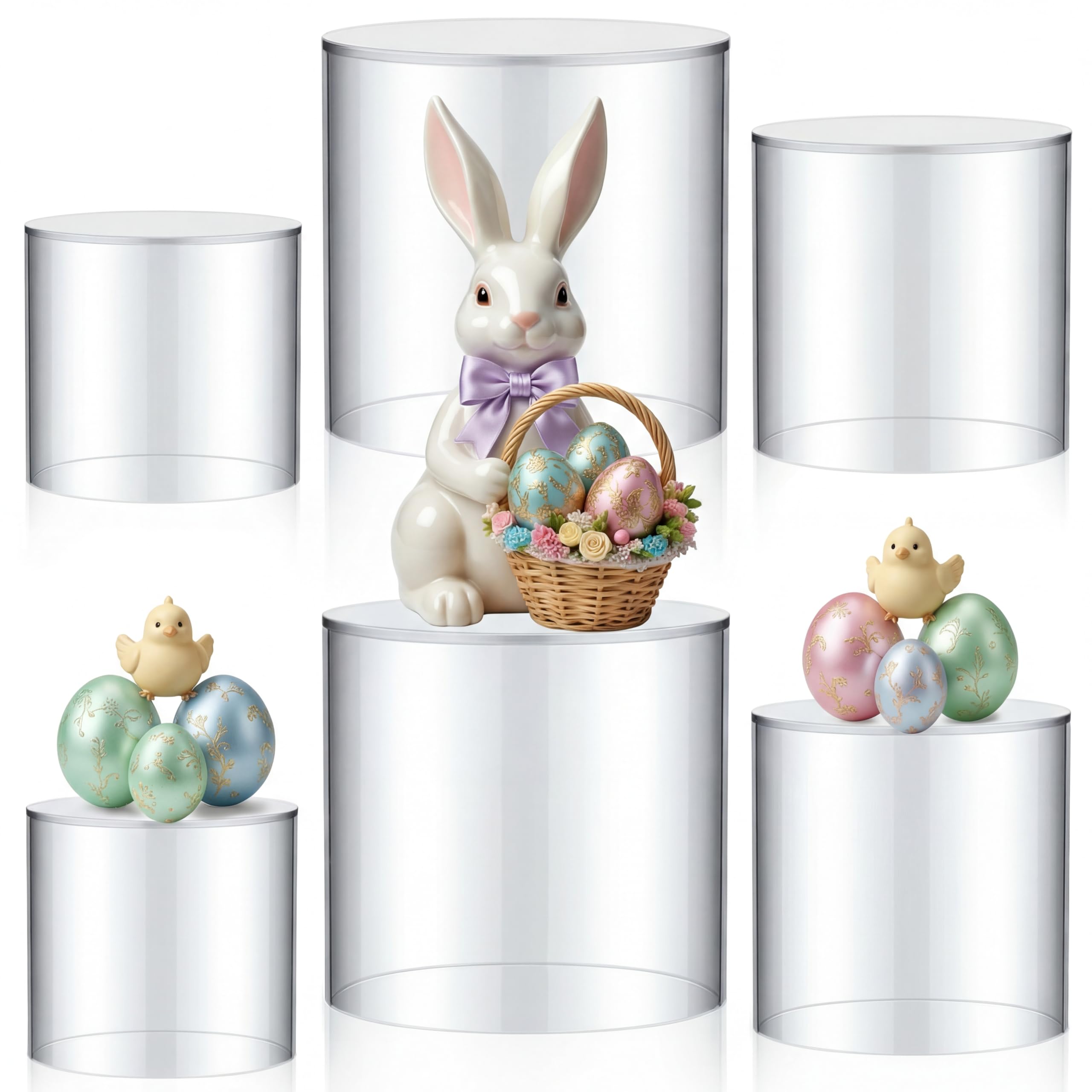 Photo 1 of 6 Pcs Acrylic Risers Display Stands 4" 5" 6" Round Cake Cylinder Pedestal Stands for Dessert Table, Buffet Risers Base with Hollow Bottom for Jewelry Wedding Ceremony Birthday Party Decor(Clear)