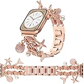 REALSIGN Stylish Metal Wristband Compatible with Apple Watch Band 38mm 40mm 41mm,Cuban Chain Band Starfish Shell Pearl Mermaid Tail Pendants Cute Strap for iWatch Series 9 8 7 6 5 4 3 2 1 SE for