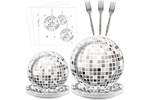 LASLU 96PCS Disco Theme Party Plates and Napkins 1970s Birthday Party Decorations Silver Disco Birthday Party Plates 70s Disc