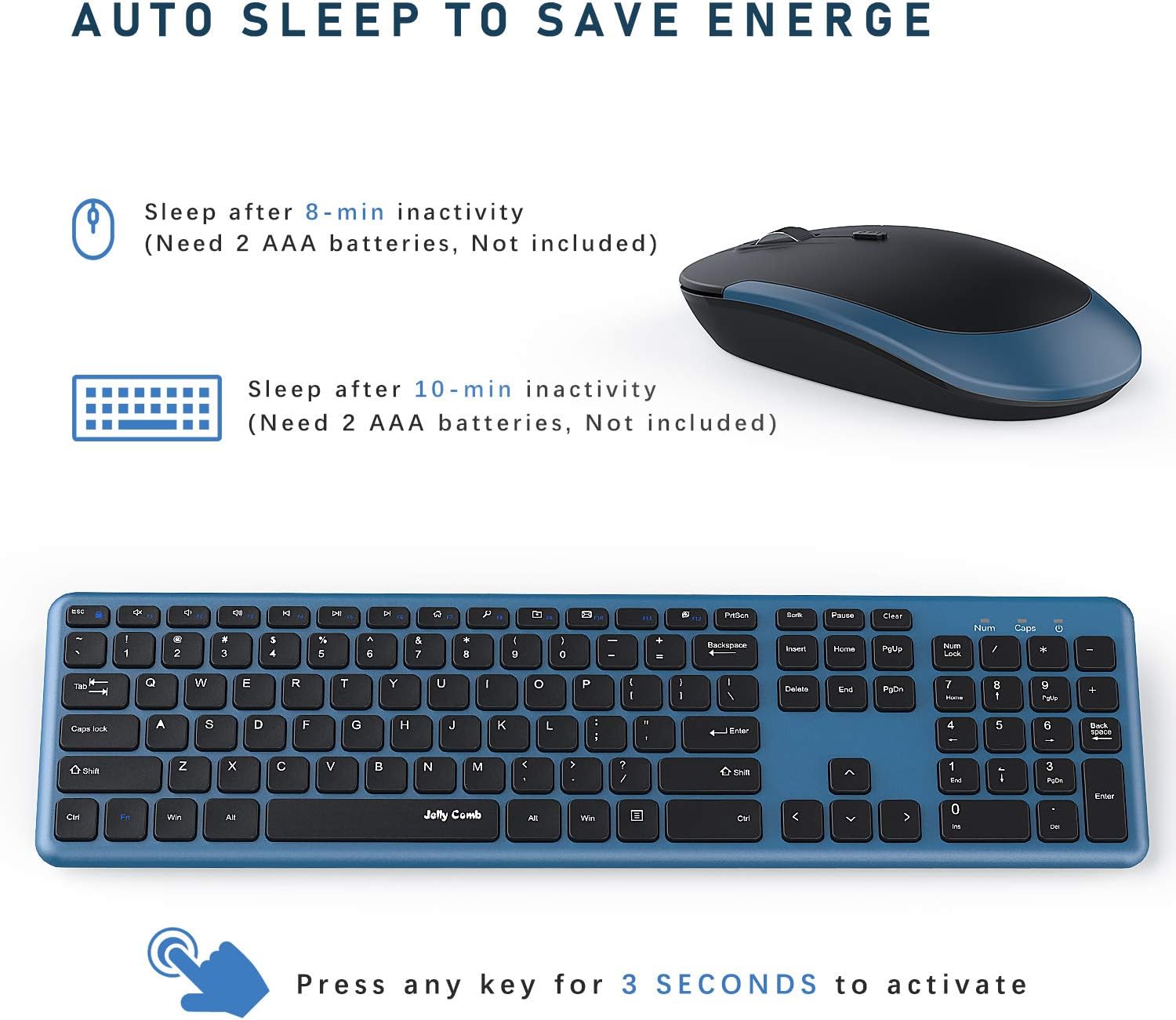 Wireless Keyboard and Mouse, Jelly Comb 2.4GHz Ultra Thin Full Size Wireless Keyboard Mouse Combo Set with Number Pad for Computer, Laptop, PC, Desktop, Notebook, Windows 7, 8, 10 (Sapphire Blue): Computers & Accessories