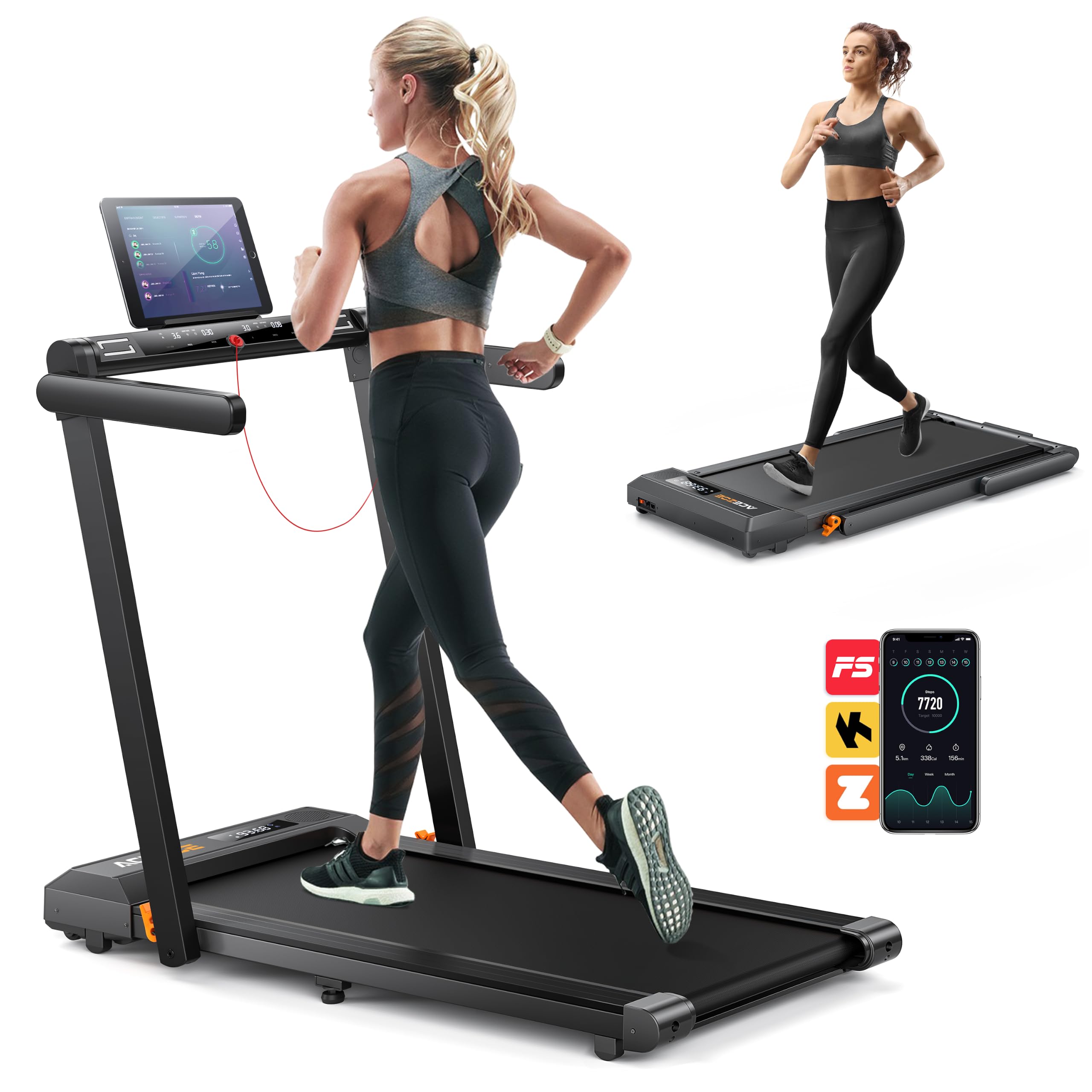 Acezoe Foldable Treadmill with 10% Incline, 2.5HP Walking Pad with Handle Bar, 300 lb Capacity Treadmills for Home/Office, Under Desk Treadmill with App & Speaker, 0.6-10MPH P10Pro Black