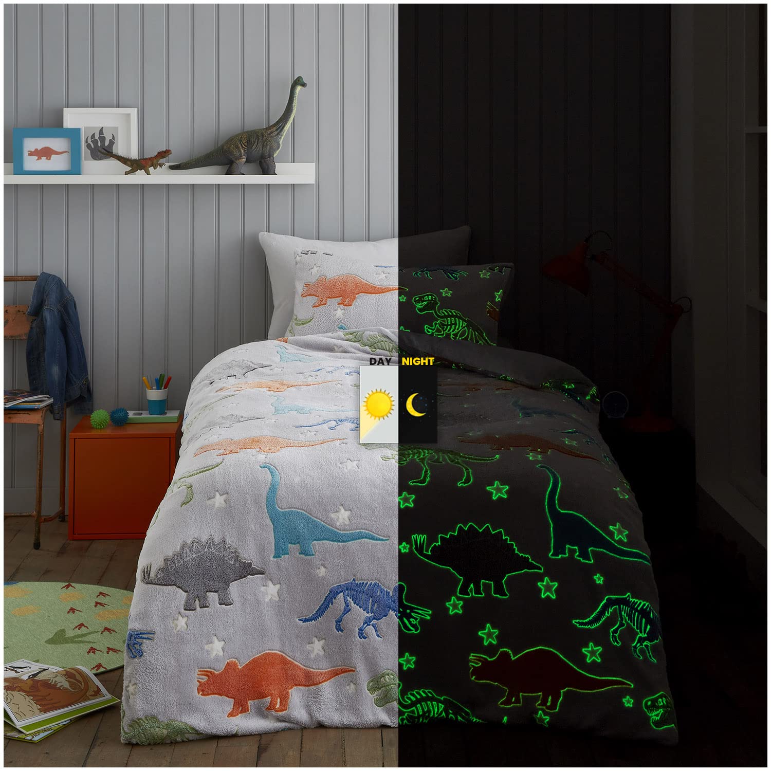 GC GAVENO CAVAILIA Teddy Glow In Dark Duvet Cover, Super Soft Snuggle Fluffy Fleece Quilt Bedding Set, Dino Dig, Double