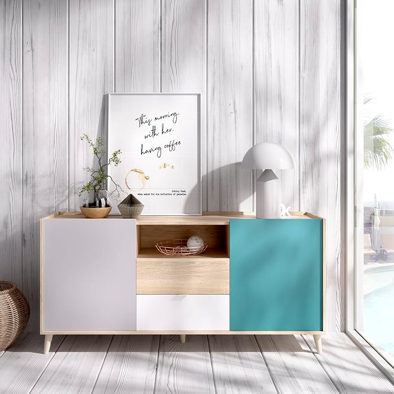 NOVA - APARADOR DE 2 PORTAS COM 2 GAVETAS COM ARRUMAÇÃO -75X155X43 cm - BRANCO / NATURAL / CINZENTO / ESMERALDA