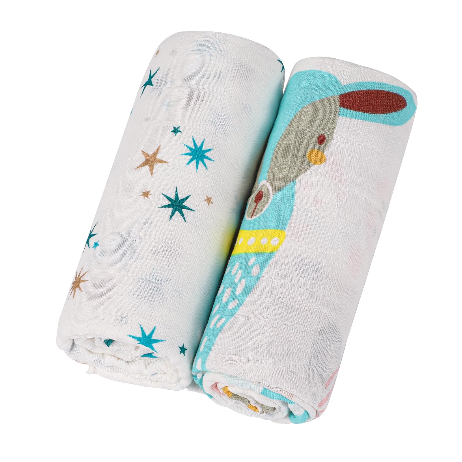 KAKU NANU Muslin Blanket Swaddle Soft Lightweight Organic Cotton 2 Pack 110x120cm Dual Layer Large Muslin Cloths for Baby Receiving Blankets Animal and Star Blanket Wrap