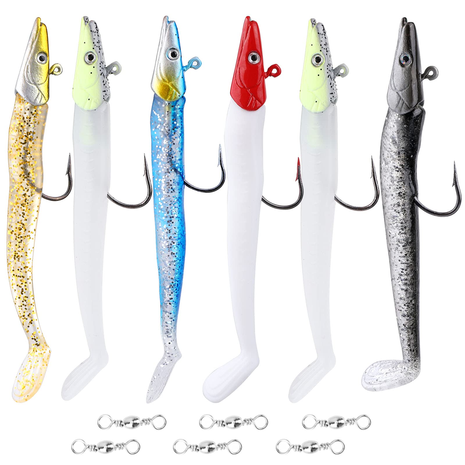 6Pcs Soft Fishing Lures Jig Head with T Tail Soft Fish Baits, 22g Sinking Fishing Baits Swimbaits Fish Hooks Paddle Tail Sand Eel Including 2 Luminous Fishing Jigs for Pike Bass Trout Perch