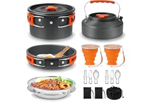 SANHESHUN Camping Cooking Set Camping Cookware Outdoor Aluminum Mess Kit with Frying Pan, Pot with Lid, 1.2L Kettle Set and 2 Stainless Steel Plate, 2 Folding Cups and 2 Set Knives Spoons for Backpacking Picnic