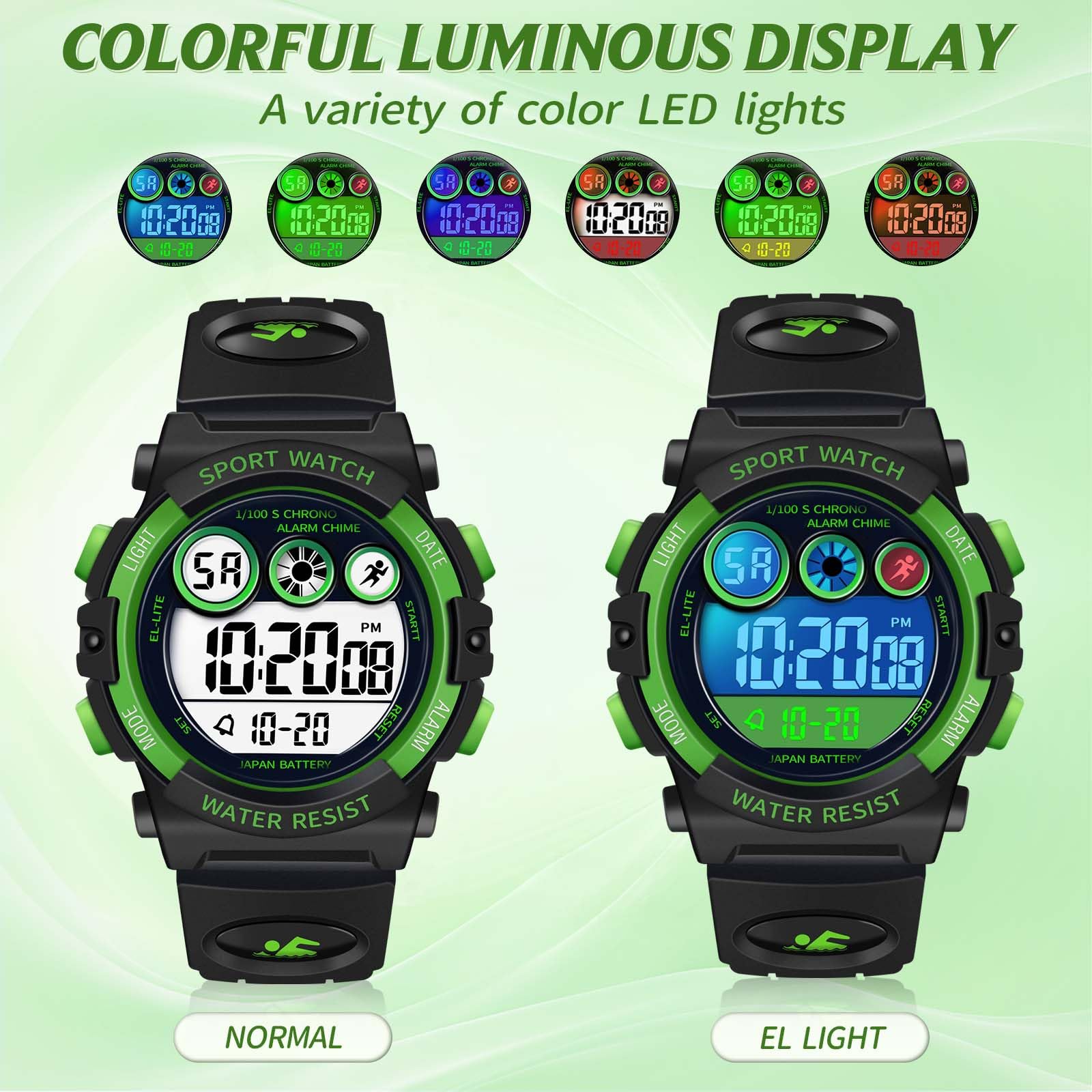 Dayllon Kids Digital Watch,Boys Digital Outdoor Sport Waterproof Watch,with Calendar 12/24H Alarm 7 Colorful Backlight Stopwatch Wristwatch for 3-15 Years Old