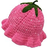 Hshsclth Strawberry Crochet Bucket Hat for Women Slouchy Knit Strawberry Hat with Ruffles Brim Cute Fruit Crochet Hat