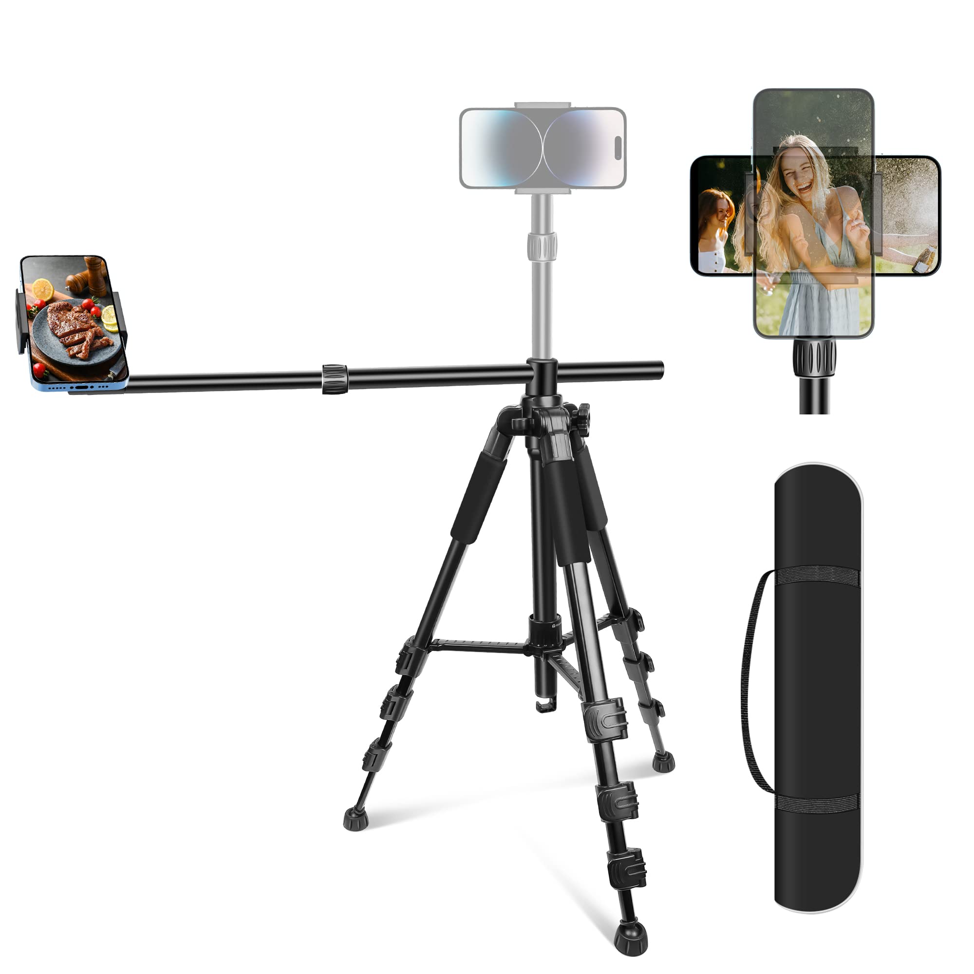 Elitehood Overhead Tripod for iPhone [Heavy Duty & Ultra-Stable], 63cm Horizontal Long Extendable Boom, 180cm iPhone Tripod Stand for Filming with 360° Rotation Phone Holder Mount for Video Recording