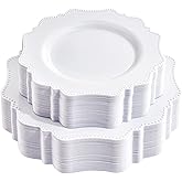 COLOSUS 60PCS White Plastic Plates for 30 guests-Fancy Plastic Beaded Plates,Disposable Christmas plastic plates,Include 30 PCS 10.5" Dinner Plates & 30PCS 8.25" Dessert-Platos for Christmas