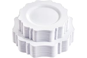 COLOSUS 60PCS White Plastic Plates for 30 guests-Heavy Duty Disposable Plates for Party,Fancy Party Plate Include 30 PCS 10.5" Dinner Plates & 30PCS 8.25" Dessert-Platos for Birthday/Wedding