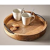 ARTISENIA Round Wooden Serving Tray with Iron Handles | Decorative Kitchen & Dining Table Decorative Ottoman Tray for Living Room, Coffee Table, Breakfast in Bed - 10x10 Inches