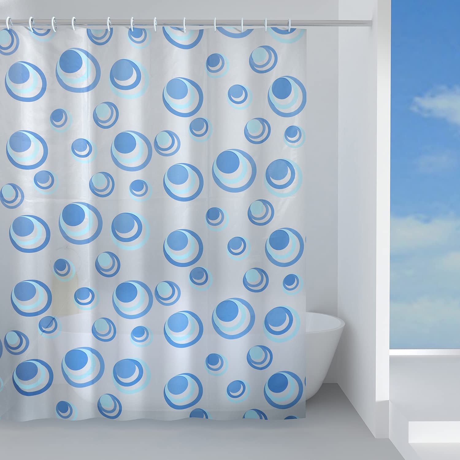 Gedy G-Orbit 120 x 200 cm, Made of Peva Fabric, Blue Finish, R&D Design, Shower Curtain with 12 Rings, 2 Year Warranty
