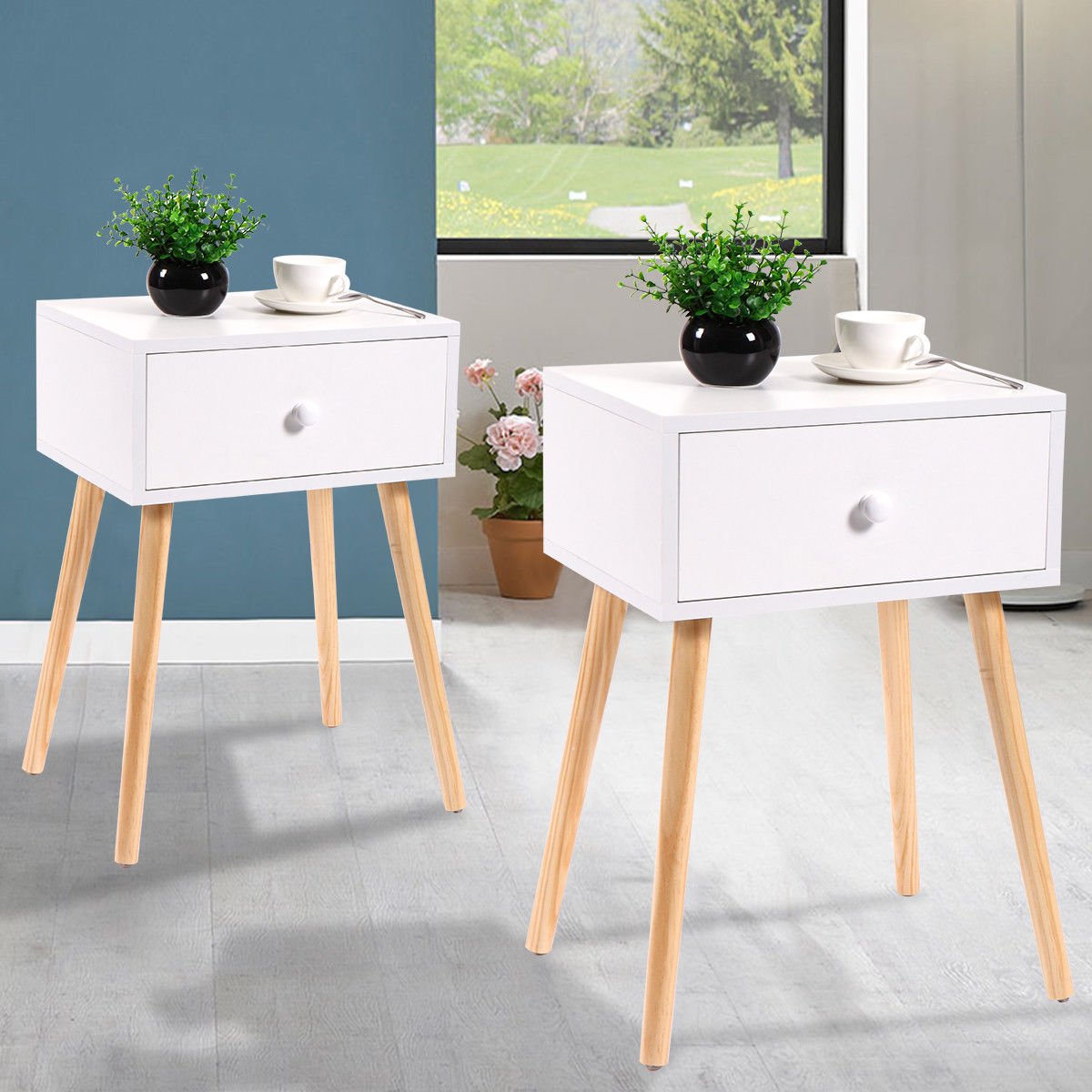 Jaxpety Set Of 2 Bedside Table Solid Wood Legs Nightstand With White Storage Drawer White On Galleon Philippines