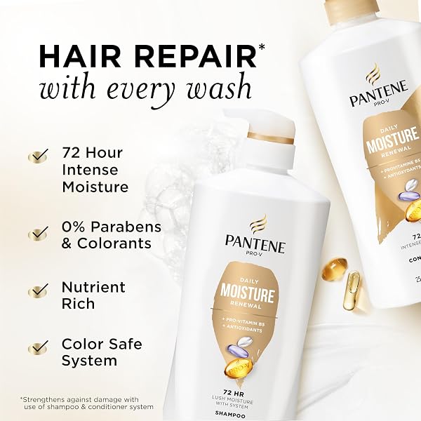 PANTENE SHAMPOO & CONDITIONER SET, DAILY MOISTURE RENEWAL – PRO-V NUTRIENTS FOR DRY, COLOR-TREATED, STRAIGHT TO CURLY HAIR, 72-HOUR HYDRATION & SOFTNESS, 52.8 OZ TOTAL + MIRACLE RESCUE SHOT (0.5 OZ)