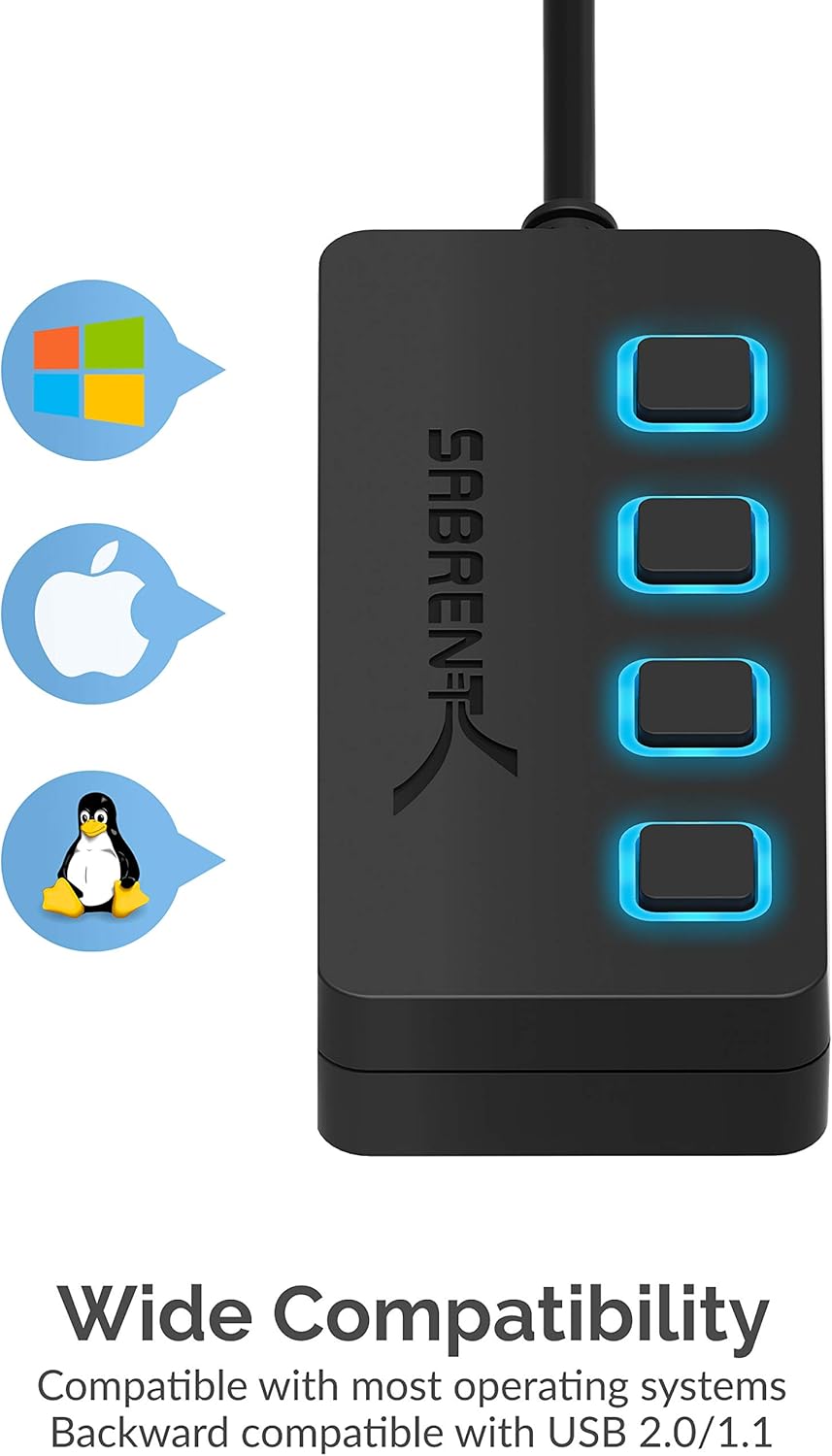 Sabrent 4-Port USB 2.0 Hub with Individual LED lit Power Switches (HB-UMLS): Computers & Accessories
