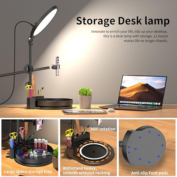 JJ JIANJIN DESK RING LIGHT WITH STAND,55W DIMMABLE FULL SCREEN RING LIGHT,WITH ROTATING STORAGE BOX,PEN HOLDER STAND,PHONE HOLDER&CONTROLLER (PINK, 10.5)