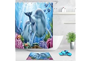 Sikaiqi Cartoon Dolphin Shower Curtain for Bathroom and Bathtubs, Blue Ocean Cartoon Pattern Waterproof Kids Bathroom Shower Curtain Thickening Washable Shower Curtain