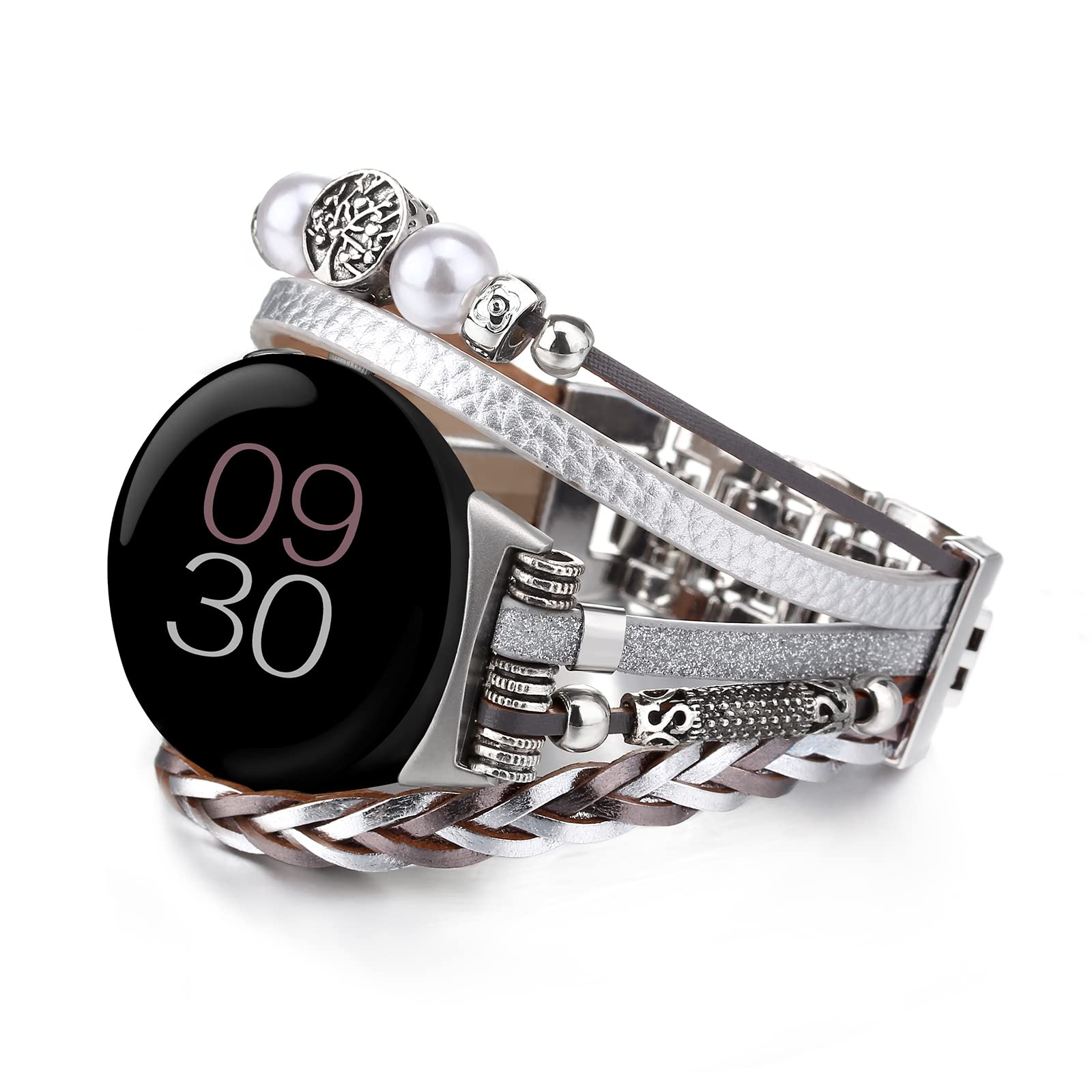CHARMINGO Leather Band Compatible with Google Watch, Boho Wristband Multilayer Wrap Strap for Pixel Watch 2022, Silver — image 1