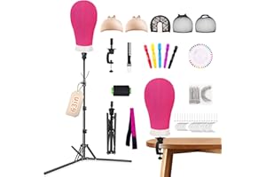 TWOWIN 22 inch Wig Head, Wig Stand Tripod with Head, Canvas Block Mannequin Head for Wigs Making Display Styling with Wig Caps, Wig T Pins, Black Bristle Brush(Rosy Head)