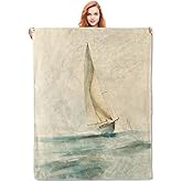 White Sailboat Blanket Gifts for Adults Kids Soft Warm Lightweight Cozy Seascape Watercolor Vintage Coastal Flannel Throw Blankets for Bed Living Room Sofa Home Travel Decor 50"x60"
