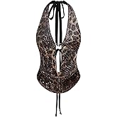 Verdusa Women's Cheetah Print Sequin Top Y2K Tie Back Corset Halter Going Out Crop Tops
