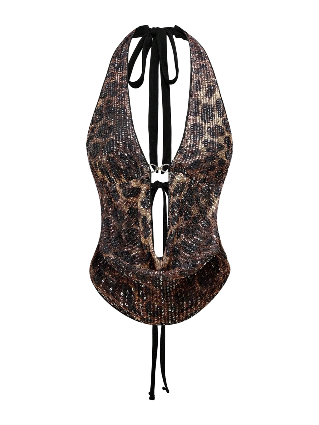 Photo 1 of Verdusa Women's Cheetah Print Sequin Top Y2K Tie Back Corset Halter Going Out Crop Tops Brown X-Small