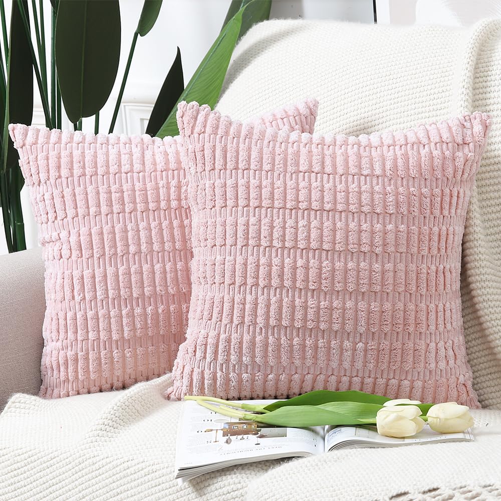 Madizz Pack of 2 Boho Striped Corduroy Throw Pillow Covers 18x18 inch, 45x45 cm, Light Pink Soft Decorative Cushion Cover for Sofa Bedroom Pillow Shell — image 1