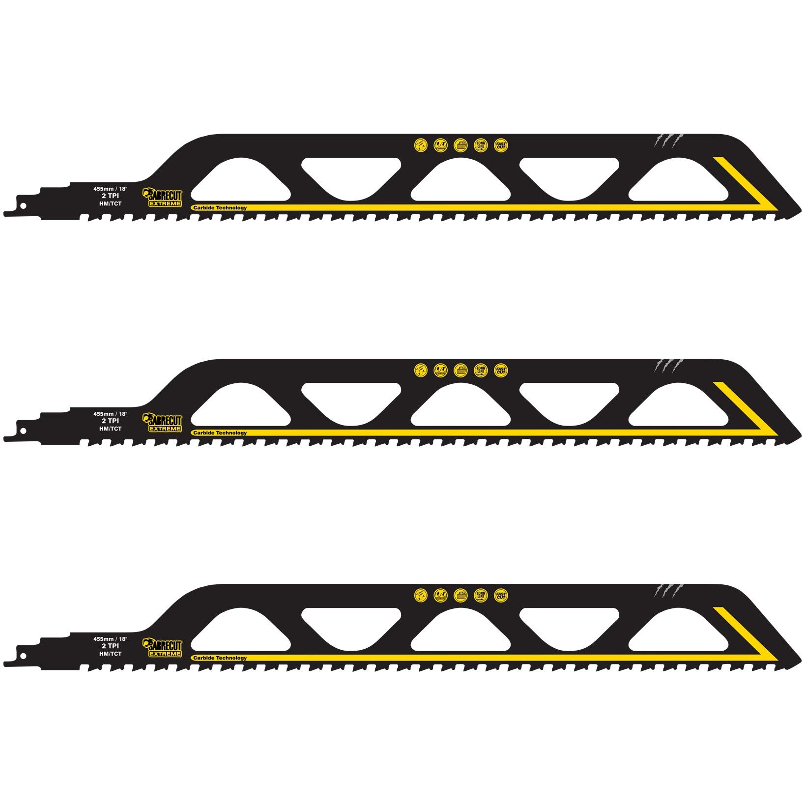 3 x SabreCut SCRS2243HM_3 Tungsten Carbide 455mm 2 TPI S2243HM Large Bricks Poroton Fibre Cement Concrete Straight Cutting Reciprocating Sabre Saw