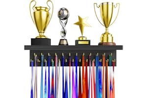 DSVENROLY Medal Holder Display Trophy Shelf Organizer, Sturdy Wooden Race Award Hanger Rack with 25 Steel Hooks, Wall Mount Storage Stand for Sports Fans, Cheer Success