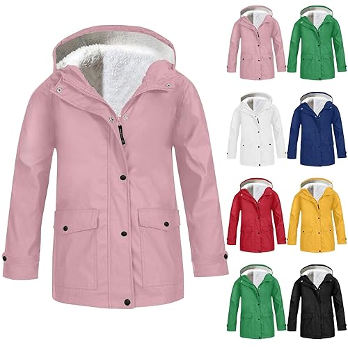 YCBMINGCAN Girls Boys Fleece Lined Raincoat | Kids Warm Waterproof Windproof Jacket with Hood | Winter Parka with Pockets Zip & Snap Closure School Coat Outerwear for Cold Weather Ages 3-14