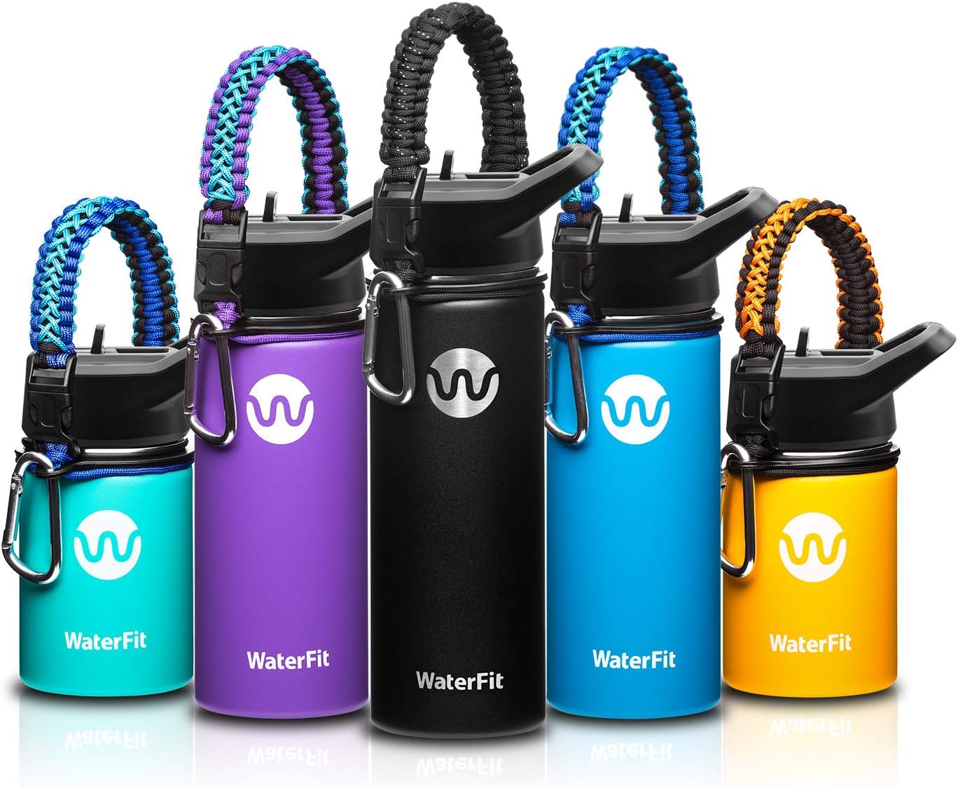 WaterFit Vacuum Insulated Water Bottle - Double Wall Stainless Steel Leak Proof BPA Free Sports Wide Mouth Water Bottle - Travel Straw Lid - 12oz 16oz 20oz -5 Colors with Paracord Handle